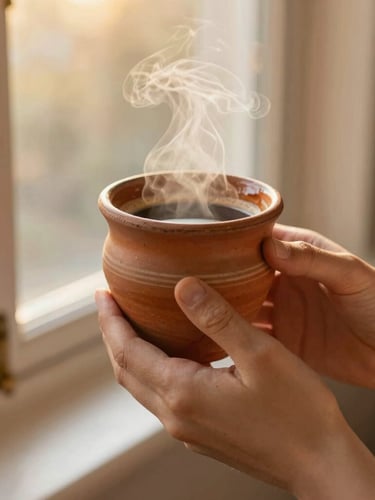 Hands holding a rustic terracotta ceramic cup with steam rising, soft golden-hour window light, warm editorial photography, 35mm