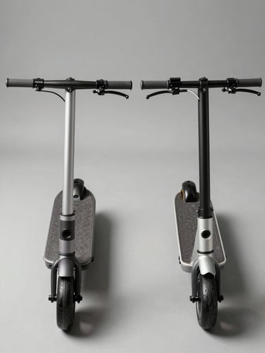 Side-by-side comparison framing of two scooters placed parallel on a clean studio surface, neutral daylight from above revealing the full profile of each model — seat height, handlebar position, wheel size — no riders, no background clutter