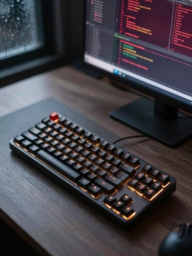 Overhead editorial shot of a workstation at night — mechanical keyboard with amber key backlighting, a secondary screen displaying node-graph code in deep crimson tones, shallow depth of field, rain-blurred window reflection on the desk surface