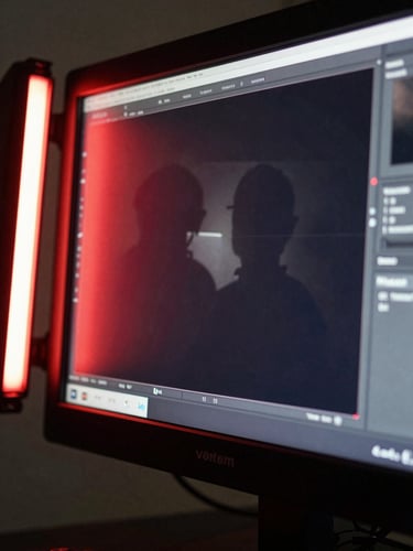 Extreme close-up of a director's monitor showing a half-rendered 3D frame, crimson light leaking from a practical LED rig to the left edge, dark ambient fill, reflective screen surface catching the operator's silhouette