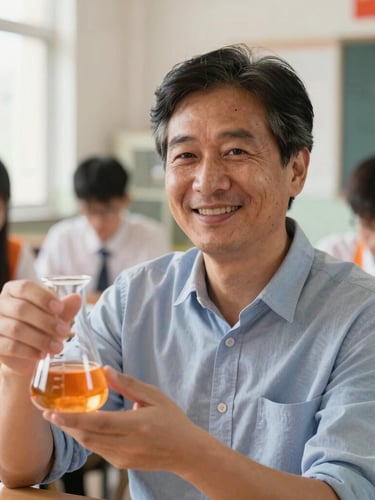 A close-up portrait of a high school science teacher in a brightly lit classroom, holding a beaker, smiling warmly, natural daylight.