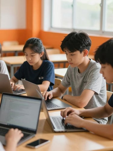 Bright, natural daylight classroom, students working collaboratively around a wooden table with laptops, vibrant orange accents in the background, shallow depth of field.