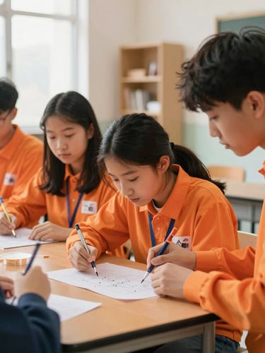 Bright, natural daylight environmental photo of high school students collaborating on a science project in a modern classroom, vibrant orange accents, candid moment.