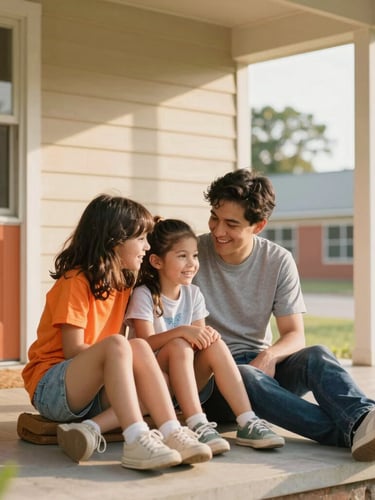 A cheerful family of three sitting on their front porch in the Orange school district, soft afternoon sun, warm editorial style.