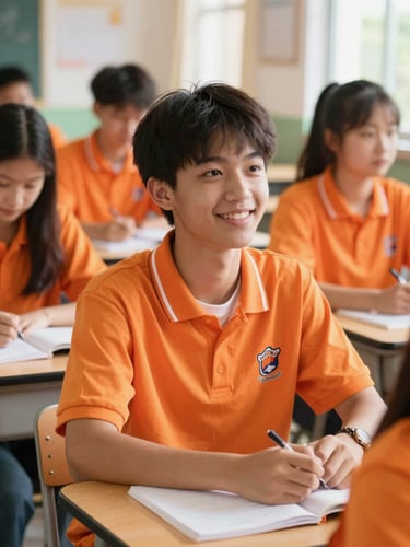Candid environmental portrait of a smiling high school student in a bright, sunlit classroom with vibrant orange school-spirit accents, warm natural daylight, shallow depth of field.