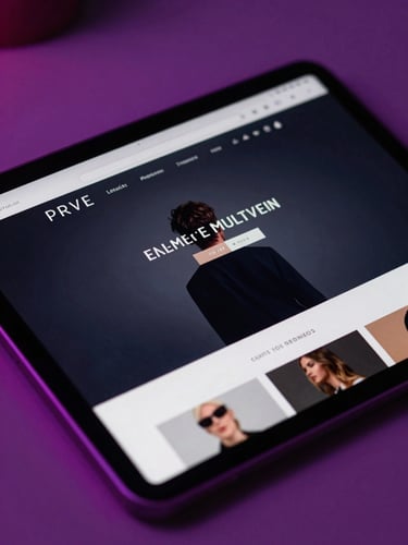 Tight macro shot of an elegant dark-mode website displayed on a tablet screen, moody studio lighting with soft violet and pink ambient glows, shallow depth of field