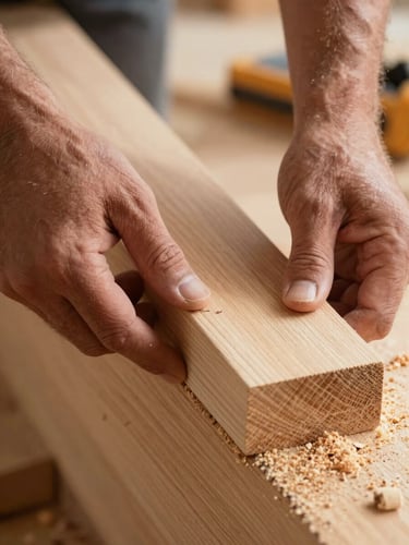 Extreme close-up of craftsman hands fitting a stair tread on-site, natural sidelight catching the wood grain and saw-cut edge, sawdust visible on the raw lumber surface, no faces