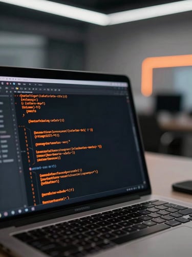 Close-up of clean high-tech workspace, laptop screen displaying glowing orange code, moody low-key lighting, shallow depth of field, 35mm