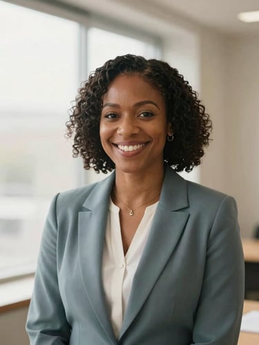 A professional portrait of Tamika Huffman, a Black female mediator, smiling warmly in a bright, modern office with soft natural light, professional 35mm