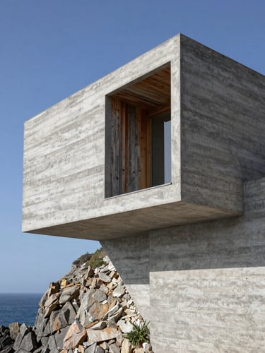 Low-angle architectural shot of a raw concrete villa integrated into a steep ocean cliff, sharp geometric shadows from the midday sun, weathered teak wood details.