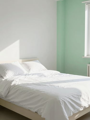 Straight-on architectural photo of a sunlit bedroom with crisp white linens and hospital corners, bright natural daylight, 35mm