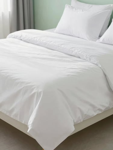 Bright high-key interior photography of a perfectly made bed with crisp white linens and hospital corners, soft morning sunlight, clean minimal bedroom