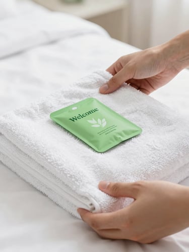 Close-up of hands placing a neatly folded white towel and welcome amenity on a pristine bed, bright high-key natural daylight, soft green tones, sharp focus.