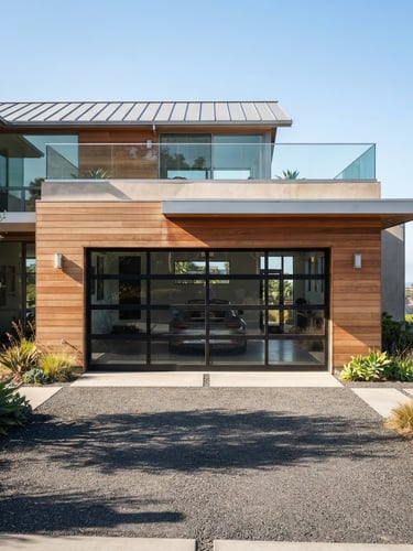 Wide architectural shot of a pristine modern glass garage door on a coastal home, bright natural California daylight, crisp shadows, sharp focus.