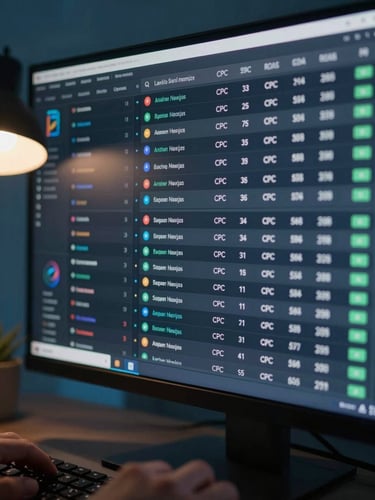 Extreme close-up of a live analytics dashboard on a dark monitor, multiple campaign rows visible with CPC and ROAS columns, cool blue-tinted desk lamp illuminating the screen from the left, hands barely visible at bottom edge of frame resting on keyboard