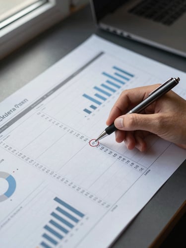 Overhead tight shot of a desk with a printed analytics report spreadsheet, a hand holding a pen circling a CPL metric column, numbers and bar charts visible on paper, cool window daylight from the left, no faces visible