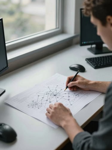 Wide environmental shot, daylight from a north-facing window flooding a long desk, an engineer's hands spreading a printed network architecture diagram across the surface, annotated in pencil, a second monitor visible at the far edge, muted steel-gray surroundings