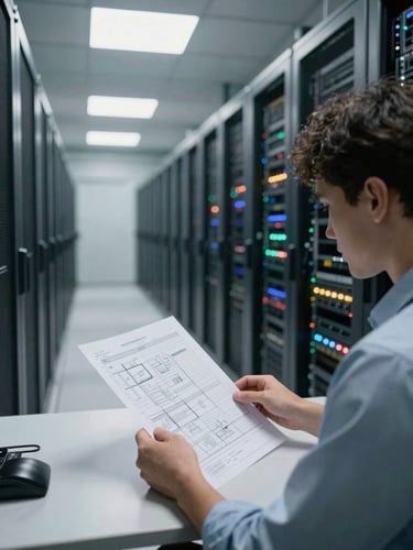 Wide environmental shot of a data center corridor, overhead natural light filtering through ceiling panels, a single engineer seated at a desk reviewing printed network schematics, rows of illuminated equipment in soft focus behind, muted steel and gray tones