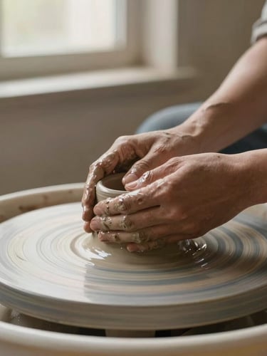 Close-up of hands throwing raw clay on a potter wheel, wet clay texture, soft directional window light, rustic workshop background, warm editorial photography, 35mm