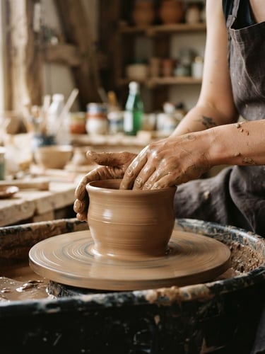 Close-up of hands shaping wet clay on a pottery wheel, soft natural window light, rustic timber workshop setting, earthy muted tones, tactile textures, warm editorial photography, 35mm