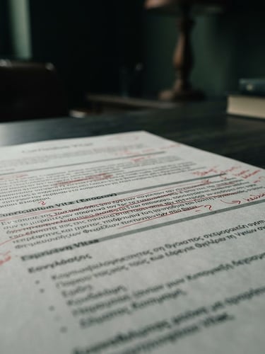 Macro shot of a printed CV with red ink corrections, low-key moody lighting, deep green and charcoal tones, sharp focus, professional corporate setting.