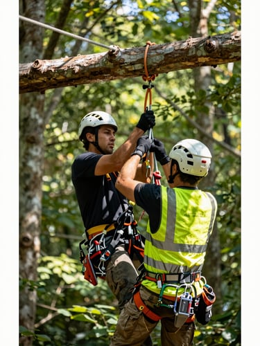 Tight editorial shot of a professional crew member in high-visibility safety gear securing rigging lines to a tree limb, bright natural daylight, sharp focus, 35mm