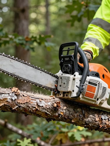 Close-up of a clean, precise chainsaw cut on a large oak branch, professional arborist in high-visibility safety gear visible in background, bright natural daylight, 35mm