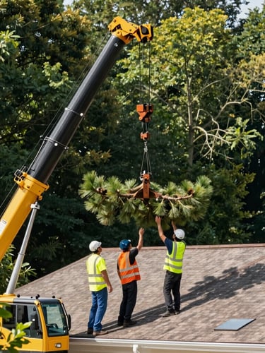 Crisp editorial photo of a heavy-duty crane lifting a large pine branch over a residential roof, professional crew members in high-visibility safety gear coordinating below, bright natural daylight, sharp focus, 35mm.