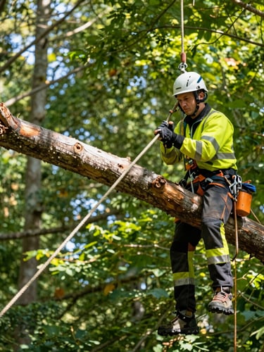 Professional arborist in high-visibility safety gear rigging a massive tree limb with heavy ropes, bright natural daylight, 35mm