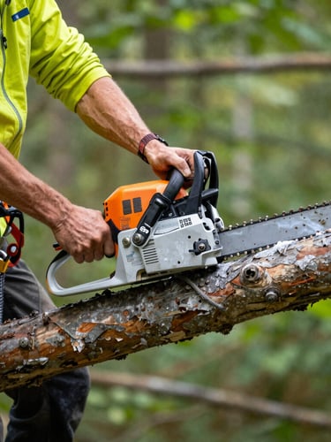Close-up editorial photo of a professional climber in high-visibility gear making a precise chainsaw cut on a secured limb, 35mm sharp focus