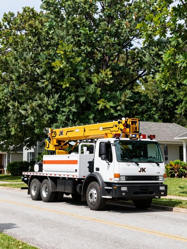 Wide environmental shot of a professional JK Tree Service crane truck parked on a clean residential street in Virginia, bright natural daylight, crisp editorial focus