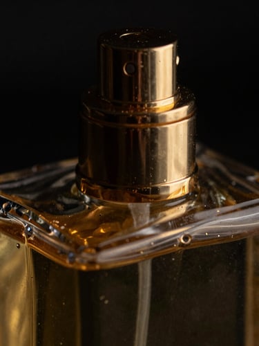 Extreme close-up macro shot of gold metallic details of a luxury perfume atomizer, liquid refraction through dark heavy glass, low-key chiaroscuro lighting.