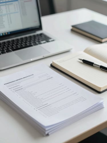 Close-up overhead of a clean corporate desk: neatly stacked printed documents, a pen resting on an open ledger, a laptop screen showing a financial dashboard in the background — bright cool north-facing office light, no shadows, documentary framing