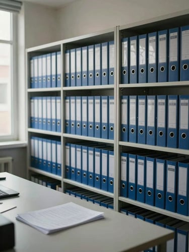 Wide environmental shot of a well-organized office filing system: rows of labeled binders on shelves, a tidy working surface with a single open folder, cool daylight from a side window casting even light — documentary, no people, overhead perspective hinting at order and precision