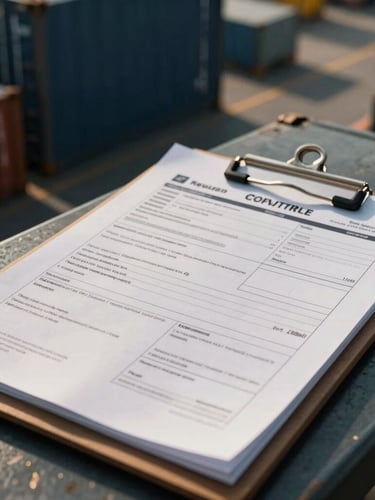 Dramatic close-up of secure freight manifests and customs documentation on a steel clipboard at a Jakarta logistics terminal, high-contrast industrial light.