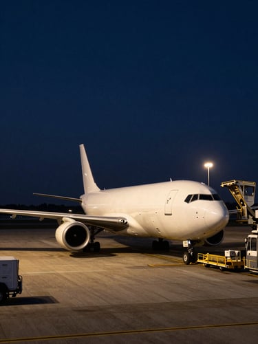 Wide-angle shot of a cargo plane loading freight on the tarmac at dusk, dramatic high-contrast industrial runway lights, steel and deep navy tones, cinematic photography