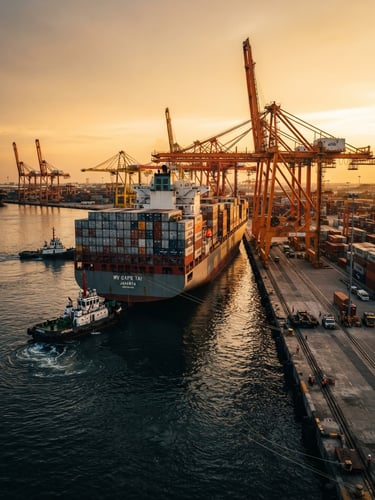 Cinematic wide-angle shot of a cargo vessel docking at Tanjung Priok port during golden hour, deep navy water, high-contrast orange crane reflections, 35mm film style.
