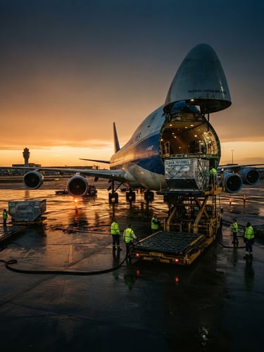 Dramatic low-angle wide shot of a massive cargo plane loading container freight on the tarmac at dusk, intense golden hour runway reflections, deep navy and steel tones, 35mm film look.