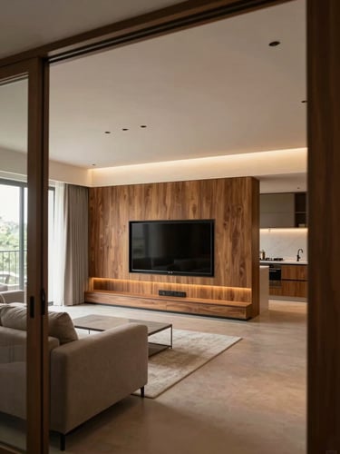 Wide environmental shot from the doorway of a completed modular living room interior in Bengaluru — full-room view showing ceiling-to-floor proportion, a built-in TV wall unit with warm wood laminate panels, integrated ambient lighting above, a neutral sofa arrangement, and a glimpse of the open kitchen beyond a pass-through, photographed in soft mid-morning window light from the left, true colors, no people