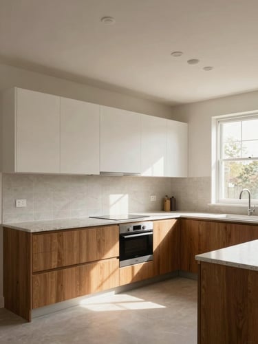 Wide environmental shot from the left side of a completed modular kitchen, ceiling-to-floor proportion visible — warm wood-finish lower cabinets, matte white upper cabinets, quartz countertop, soft mid-morning daylight entering from a right-side window, no people, full spatial depth showing ceiling-mounted lights and tiled backsplash in true color