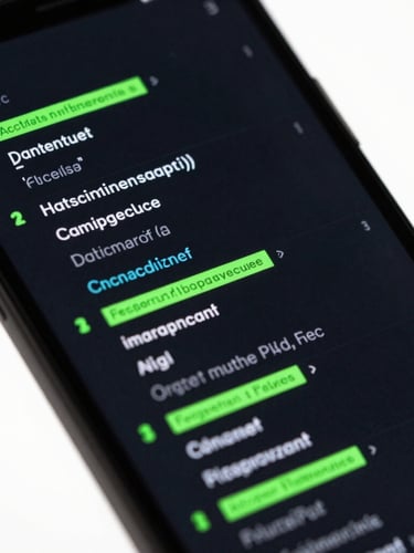 Sleek dark-mode tech photography of a high-resolution Android screen showing fluid UI code, vibrant neon green accent lighting, high-contrast deep shadows, 35mm macro detail