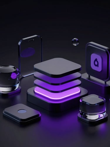 Abstract 3D glass and metallic shapes representing app database architecture, low-key lighting with violet accents, high-contrast deep shadows
