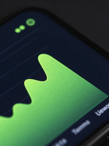 Macro photography of an Android device interface showing smooth graph rendering, neon-green accents, deep shadows, atmospheric studio lighting