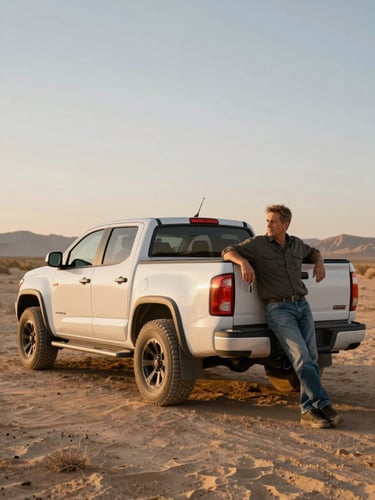 Wide environmental shot of a GMC Canyon in desert landscape at golden hour, a man in his 50s leaning against the tailgate, dust on the tires, keys hanging from his hand, authentic unposed moment