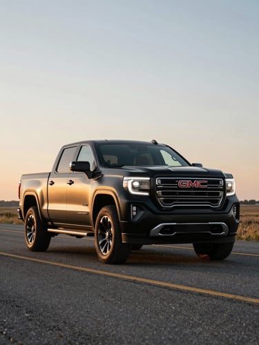 Wide environmental shot of a brand-new GMC Sierra 1500 in matte black, parked on open highway at golden hour, shot from a low three-quarter front angle, headlights on, expansive sky and flat plains behind it