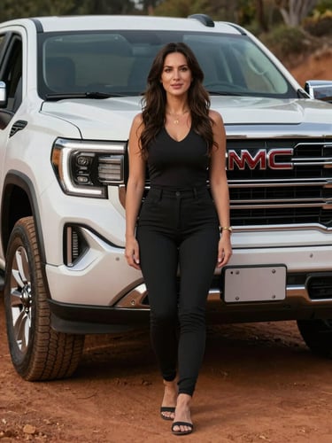Medium portrait of a woman in her 30s standing in front of a brand-new GMC Sierra AT4, parked on red Georgia clay road at daylight, relaxed and genuine expression, truck badge and grille visible over her shoulder