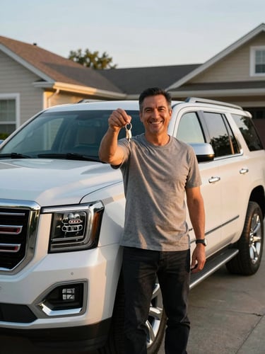 Medium portrait at golden hour — a man in his 40s standing beside a gleaming white GMC Yukon Denali in a residential driveway, holding keys up toward camera, genuine wide smile, warm afternoon side-light on both subject and vehicle, unposed candid energy