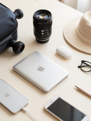 Bright editorial flat-lay of neatly organized travel accessories and home items on a warm cream surface, soft natural daylight, 35mm lens