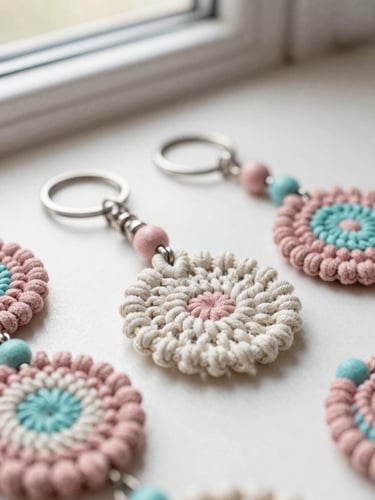 Delicate macramé keychains and lipstick holders in dusty pink and turquoise accents, macro shot under soft natural light