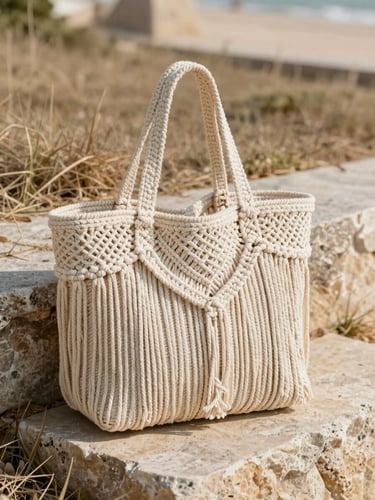 Large beach macramé tote in natural off-white cord, resting on a sunlit stone step near dry grass, warm editorial photography